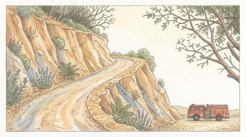 Fire engine on a hillside access road