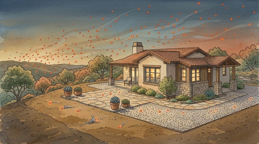 Home at dusk under an ember-filled orange sky