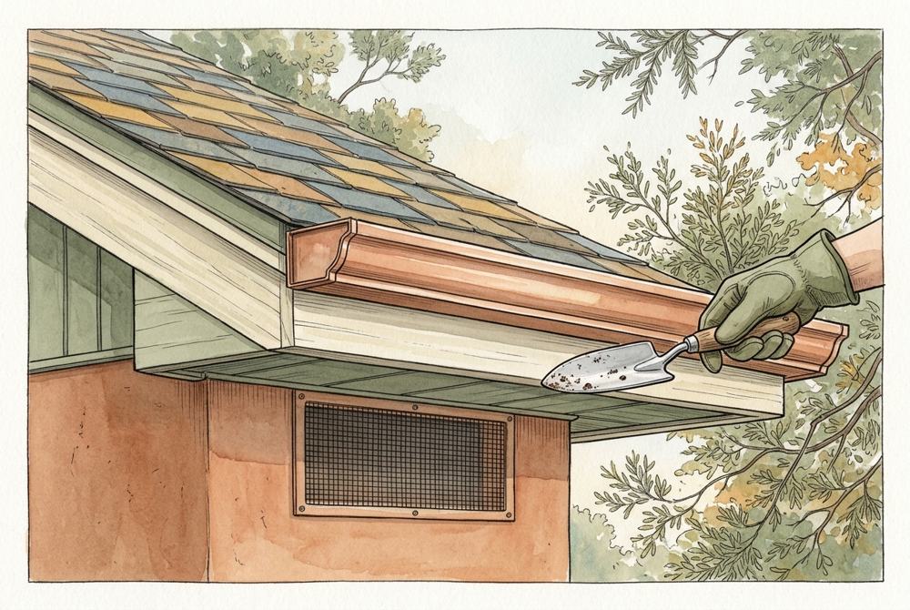 Gloved hand cleaning a gutter and vent