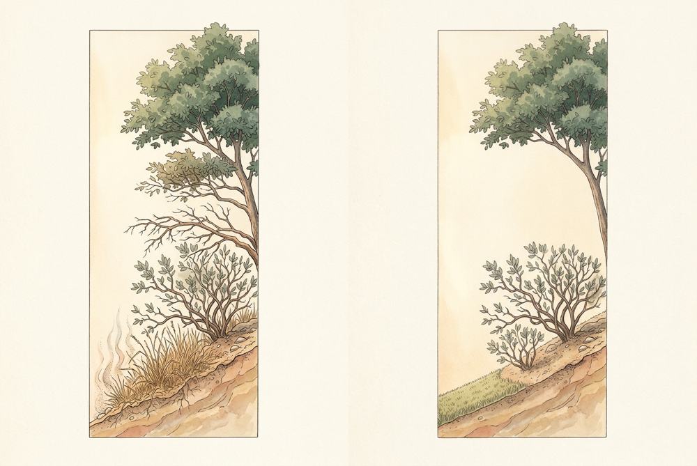 A tree before and after limbing up