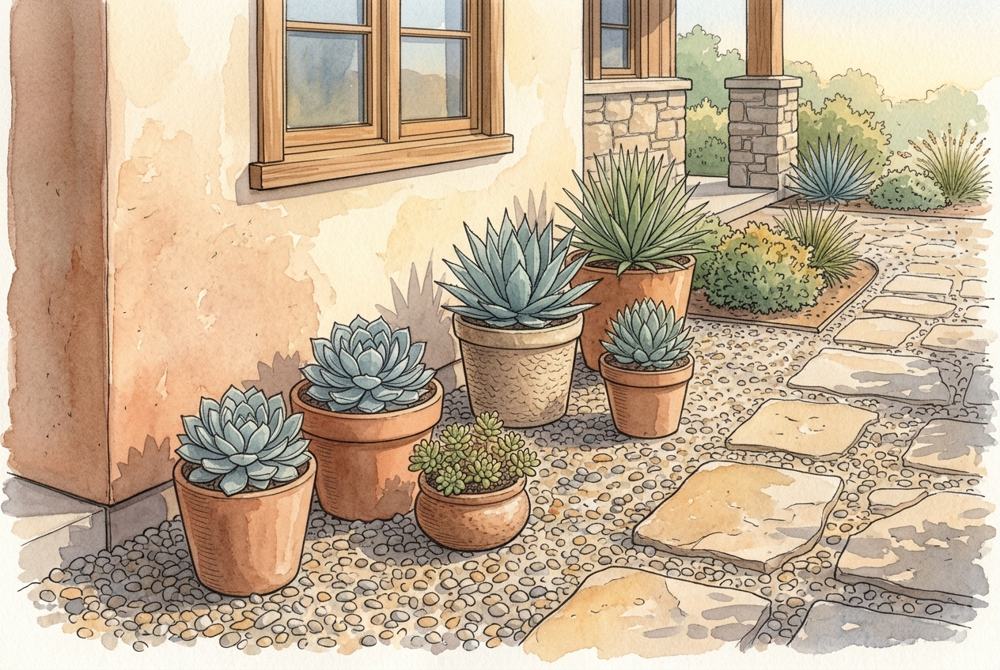 Noncombustible pots and stone beside a house wall