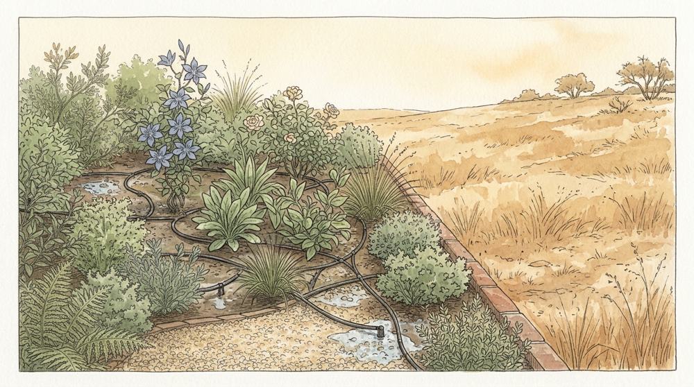 Hillside with low plants and a firebreak