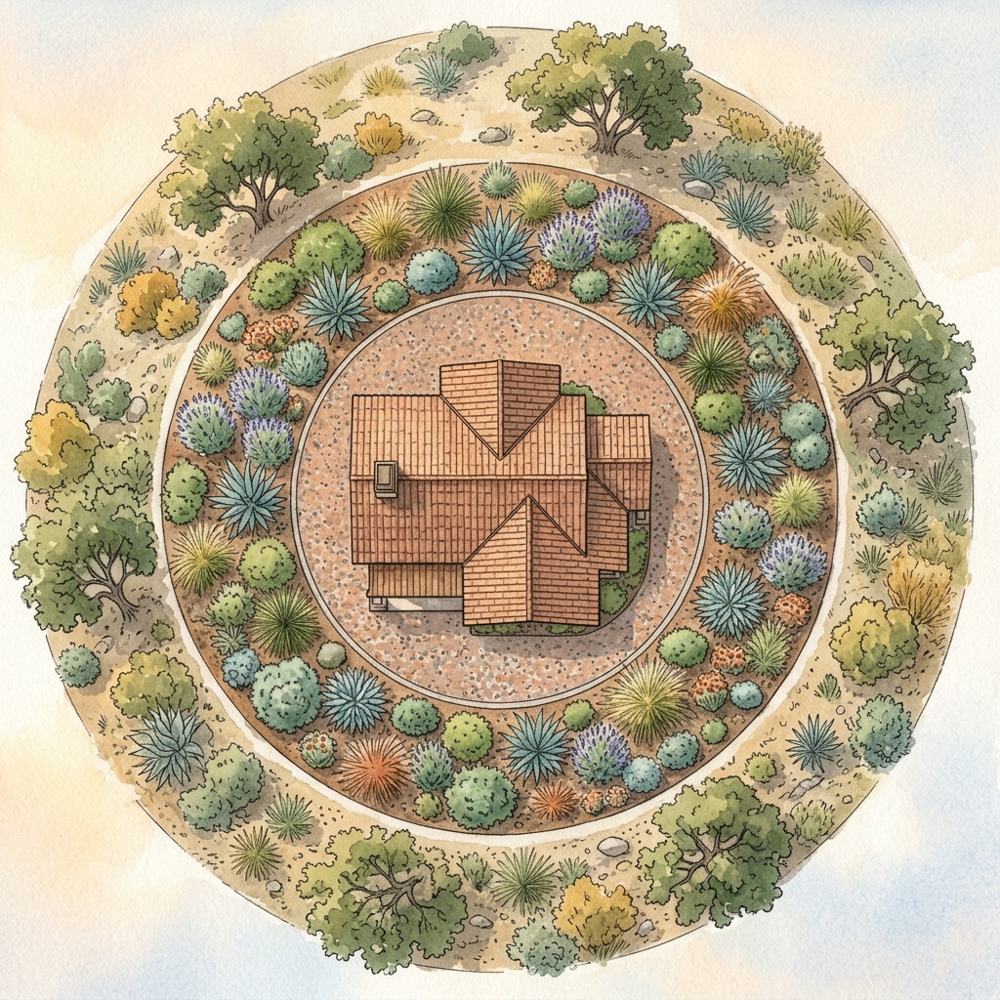 Aerial view of concentric fuel modification rings around a house